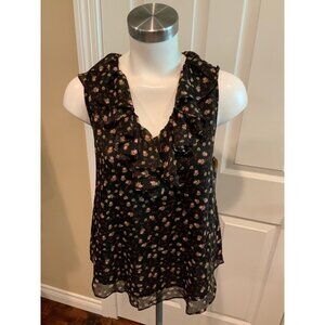 Rebecca Minkoff Black W/ Red Floral Pattern & Ruffle Neck Tank Top, Size XXS
